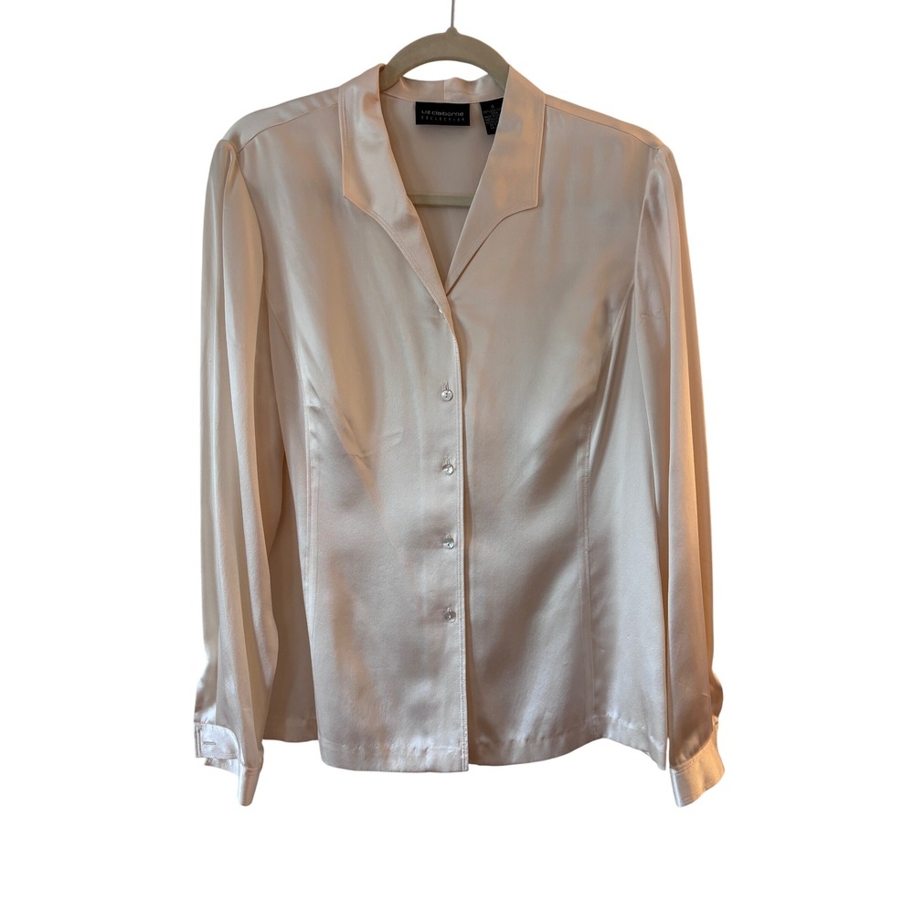 Liz Claiborne Collection Cream 100% Silk Button Down Blouse Long Sleeve 8